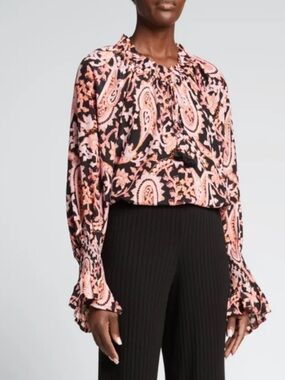 FIGUE Lianna Paisley-Print Smocked Sleeve Silk Blouse Size Large